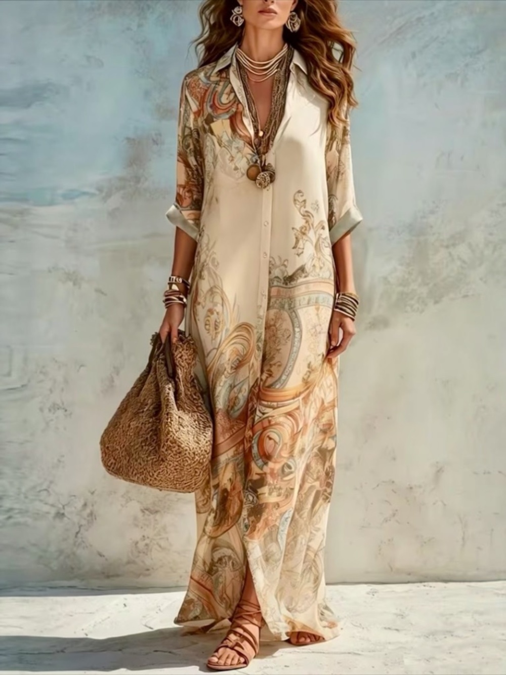 Elegant Long Floral Shirt Dress XXL Tall Length Apricot Brown